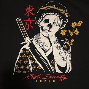 Riot Society Black Tee with Skull and Floral Graphic